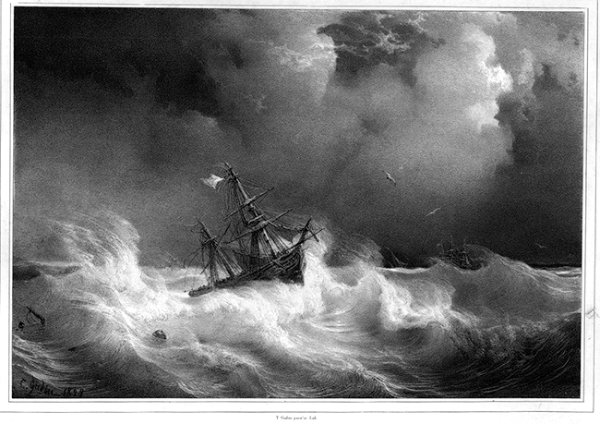 ”Brick en perdition près de la côte.” - Lithographie de 1828 de Théodore Gudin, peintre de Marine. / coll. Bonne Anse