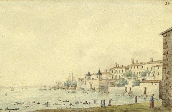 Aquarelle de Detcheverry - 1829 - Grande plage et port n° 24 / coll. M. Sicard