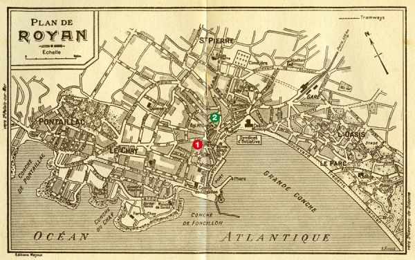 Le plan de la ville et les deux marqueurs au cimetière protestant (1) et au marché (2). / Visuel : D.R.