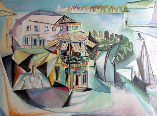 Le Café à Royan Reproduction du musée de Royan Original : Dimensions : 67 cm x 130 cm - Date : 1940 - Picasso Museum - De Guernica à la guerre Acquisition : Dation en paiement des droits de succession (1979) / Succession Picasso 2003 - www.picasso.fr
