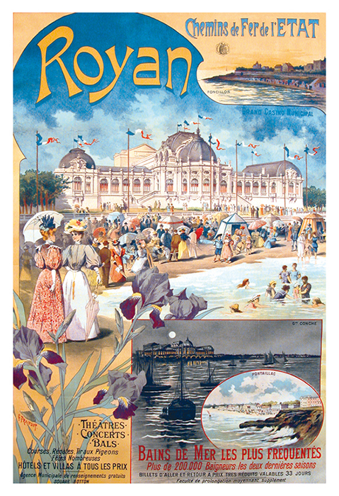 Affiche représentant la plage de la grande Conche, Pontaillac,  des baigneurs, le casino Redon et le casino municipal-1910