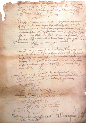 Signatures du contrat de reconstruction de la Tour de Cordouan du 2 mars 1584. Archives Départementales de la Gironde, Bordeaux.