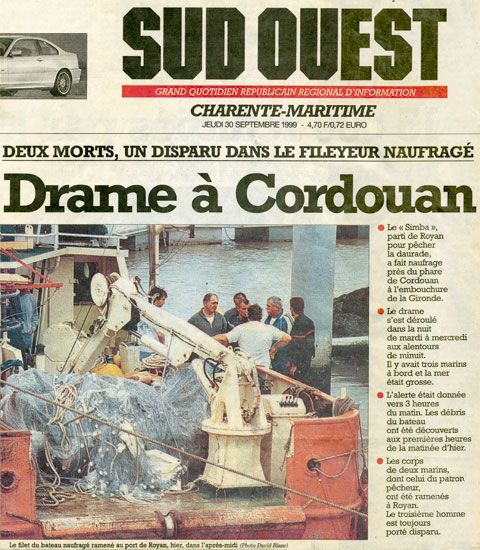 « Drame à Cordouan », article du 30 septembre 1999, Sud Ouest. / Collection Bernard Mounier