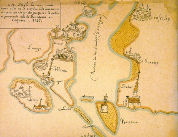 Entrée de la rivière de Bourdeaul, d'après la carte d'Alphonse de Saintonge, 1545, publiée dans Royan et la tour de Cordouan, Gustave Labat, 1894. / Archives Départementales de la Gironde, Bordeaux