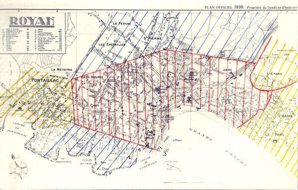 Le bilan des destructions du 5 janvier 1945 : en rouge 85%, en bleu 30%, en jaune entre 15 et 20%. / Source Y. Delmas