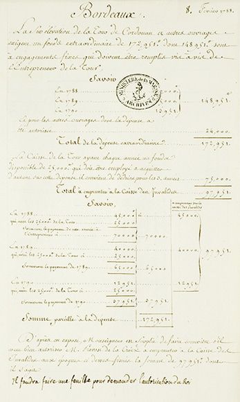 Total de la dépense de la surélévation de la tour de Cordouan, 8 février 1788. / Archives Nationales, Paris