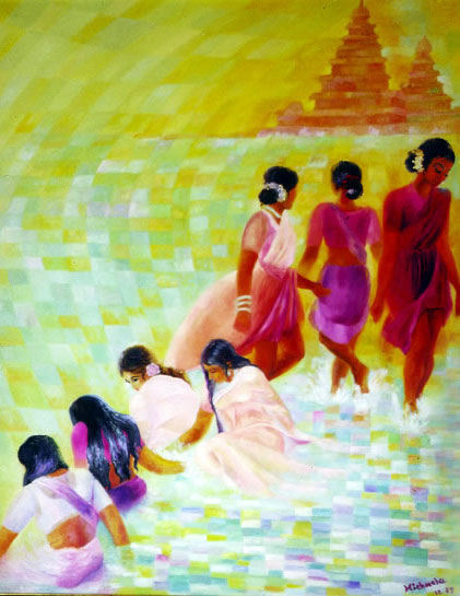 Lahondère Mahabalipuram, les femmes se baignent en sari