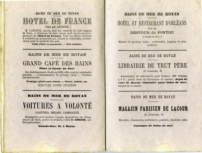 Publicité : Hôtel de France, Hôtel et restaurant d'Orleans, Librairie de Trut Père, Grand café des bains, Magasin parisien de lacour, Voitures à volonté.
