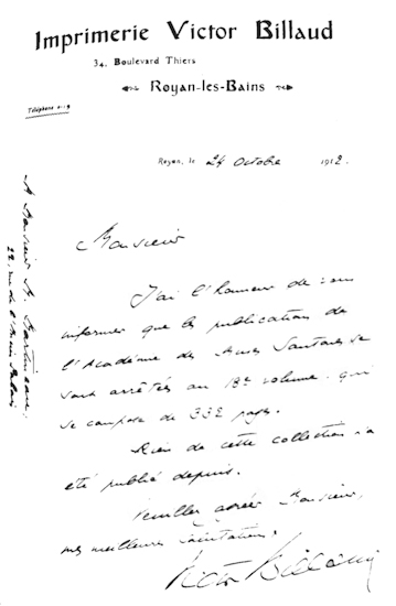 Lettre de Victor Billaud à M. Martineau. Coll. Bibliothèque municipale de Saintes