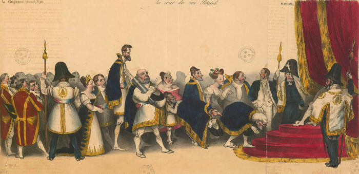 Lithographie intitulée Une réception à la cour du roi Pétaud. Caricature d'Honoré Daumier, dans La Caricature, 25 août 1832.