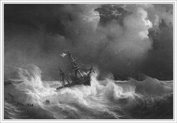 « Brick en perdition près de la côte ». Lithographie de Théodore Gudin, peintre officiel de la Marine, 1828. Collection Bernard Mounier.