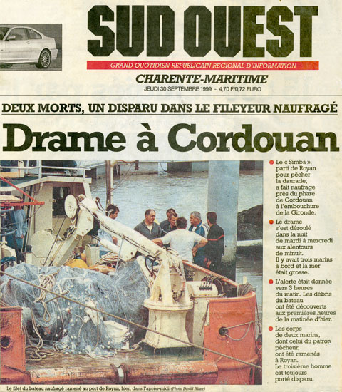 « Drame à Cordouan », article du 30 septembre 1999, Sud Ouest. Collection Bernard Mounier.