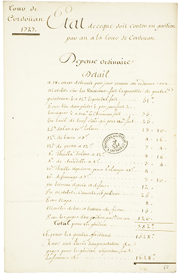 État de la dépense qui a été faite, Cordouan, 1727.  Archives Nationales, Paris.