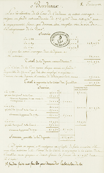 Total de la dépense de la surélévation de la tour de Cordouan, 8 février 1788. Archives Nationales, Paris.
