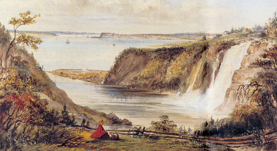 Québec vu des Chutes Montmorency. Aquarelle de F. Washington Friena XIXe siècle. Source, Edimedia.