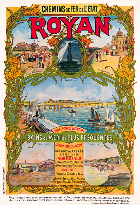 Affiche représentant la plage de la grande Conche, Pontaillac, le Phare de Cordouan ainsi que le casino municipal et le casino de Foncillon-1906