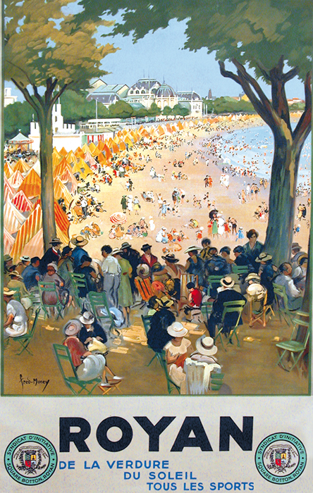 Affiche du Syndicat d'initiative représentant la plage de la gronde Conche, des baigneurs, et le casino municipal-1930