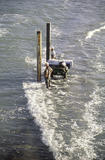 Vendredi 22 septembre 2006, 10 heures. La relève. Les « descendants » et leur chariot sur le peyrat attendant le bateau de la relève. Photo Christophe Gauriaud.