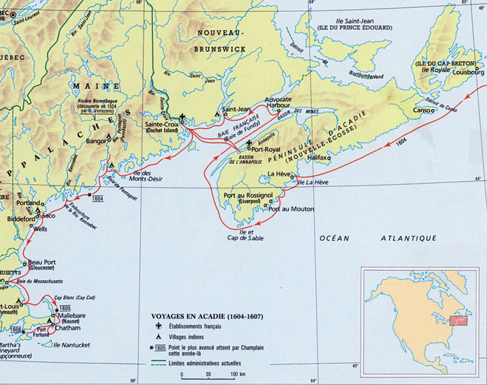 Voyages de Dugua de Mons et Champlain 1604-1607. Source, La France d'Amérique.
